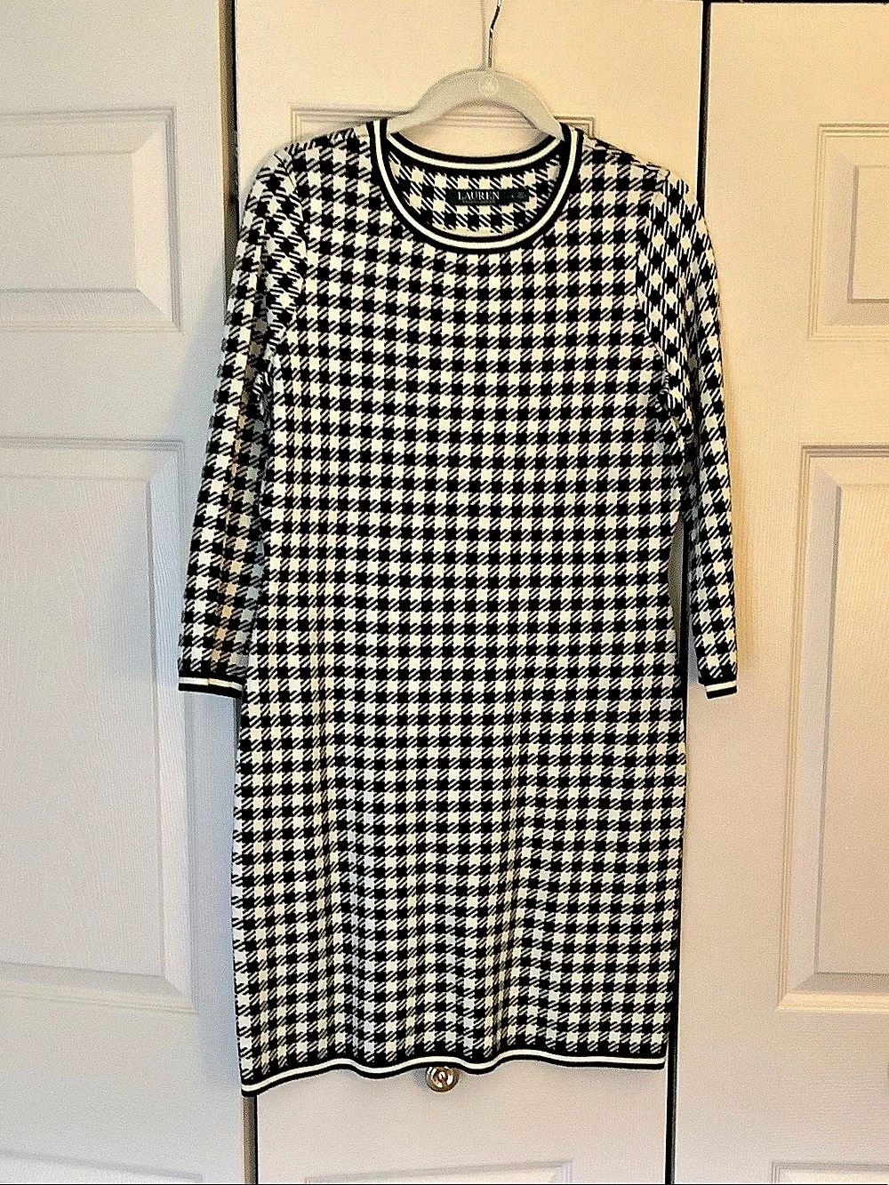 Lauren Ralph Lauren Houndstooth Knit Sweater Dress Black & White Large